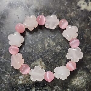Handmade Pink Cat's Eye and White Flower Beaded Bracelet